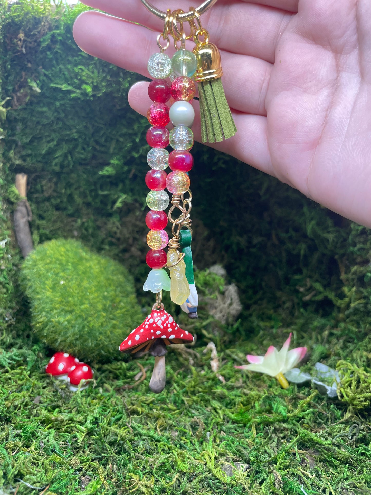 Hand Painted Beaded Fantasy Forest Keychain