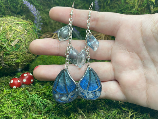 Blue and Black Chain Drop Butterfly Earrings
